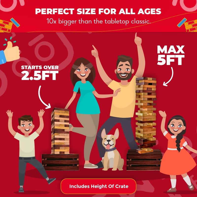 SWOOC Games - Reclaimed Giant Tower Game (Weather Resistant) 60 Blocks + Storage Crate/Outdoor Game Table | Stacks up to 5ft | Giant Outdoor Tower for Adults | Large Yard Activity | Jumbo Lawn Fun
