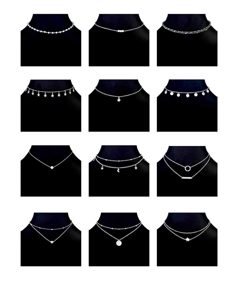 Ofeiyaa 12pcs Chain Gold Bead Necklace Coin Moon Star Pearl Pendant Chain Choker Multilayer Necklace Leather Cord Set for Women Men Adjustable Tone