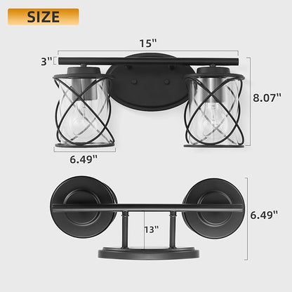 MavCadonF 2-Lights Vanity Lights, Matte Black Farmhouse Wall Lights with Clear Glass Shade, Over Mirror Vanity Light, Kitchen Bedroom Bathroom Wall Lamp