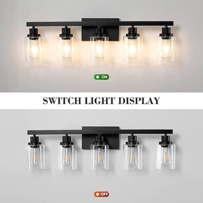 5-Light Black Bathroom Vanity Light, Modern Vanity Lighting Fixture for Bathroom, 31" Matte Light Fixture, Wall Sconces with Clear Glass Shade, Black Bathroom Wall Light Over Mirror