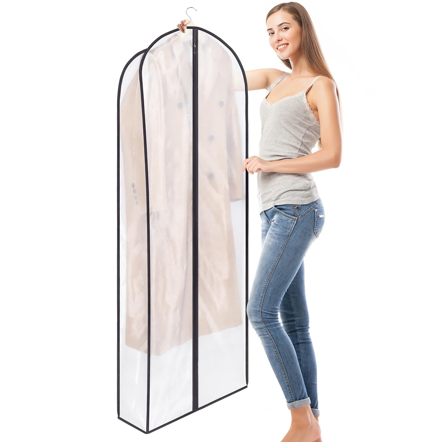 Zilink Breathable Leather Jacket Coat Storage Bags 60” Dress Bags for Gowns Long Dust Covers for Hanging Clothes with 7" Gussted Wrinkle Free for Leather Jacket Fur Coat Puffy Dress Storage, Set of 4