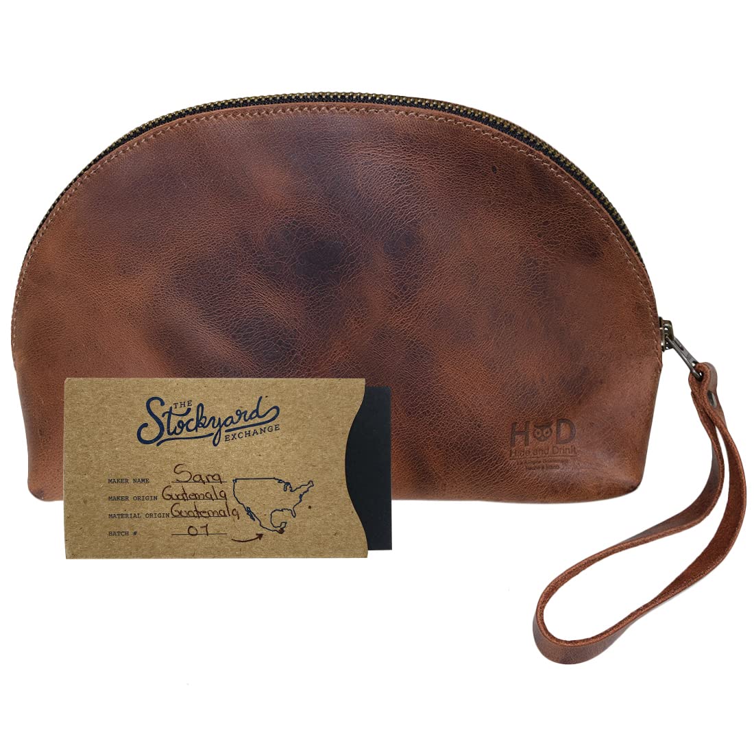 Hide & Drink, Cosmetic Travel Organizer with Hand Strap for Women, Makeup Bag, Classic Handbag, Full Grain Leather, Handmade, Bourbon Brown