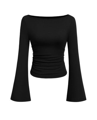 PRETTYGARDEN Women's Long Sleeve Shirts 2025 Fall Crop Going Out Tops Casual Boat Neck Bell Sleeve Ribbed Ruched Y2K Clothes