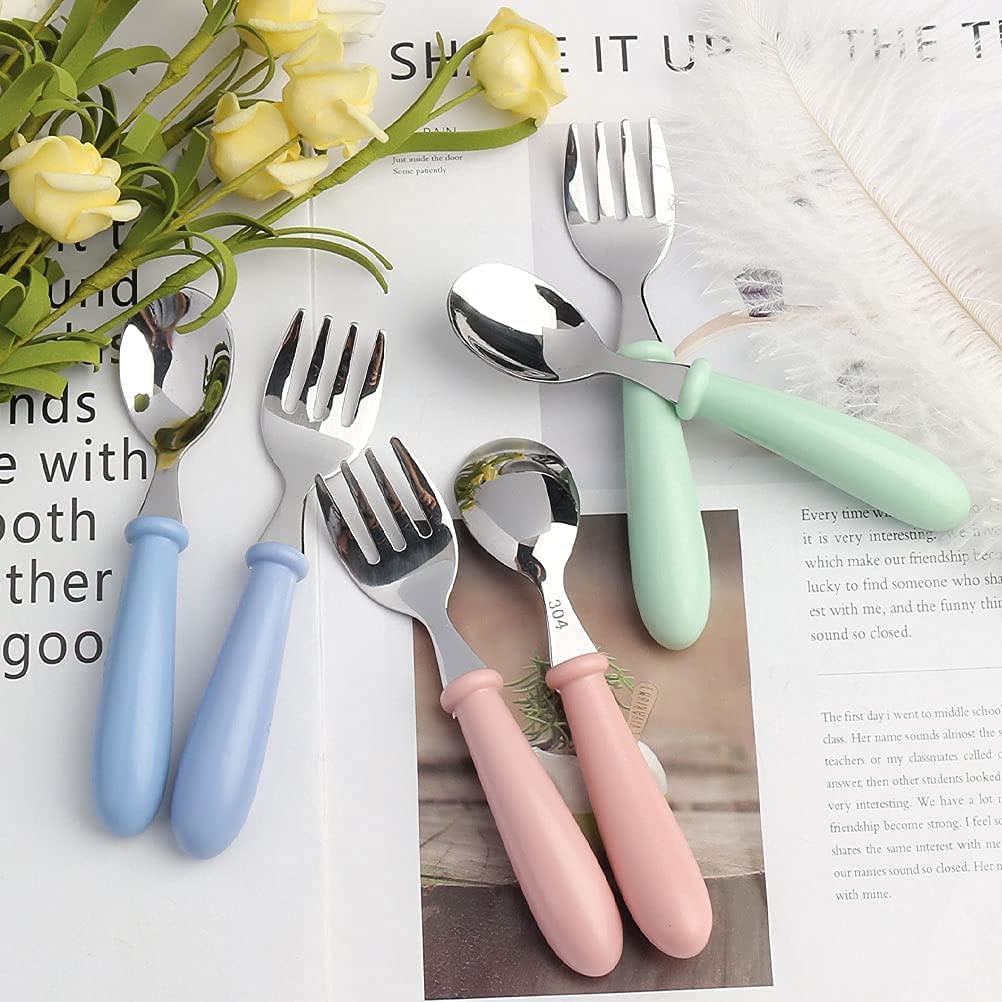 Pimoys 6 Pieces Toddler Utensils Kids Silverware Baby Forks and Spoons Set, Stainless Steel Childrens Safe Flatware Metal Kids Cutlery Set with Round Handle, Dishwasher Safe