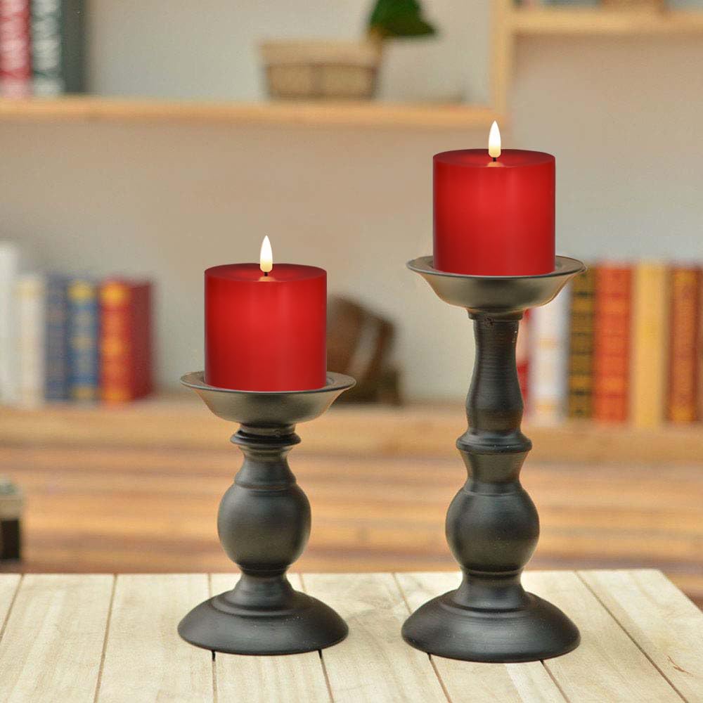 volnyus Red Flameless Candles Set of 2 (3x3 inch) Real Wax Flickering LED Candles Battery Operated with Remote Control Timers for Christmas Fireplace Party Dimmable Pillars Flat top