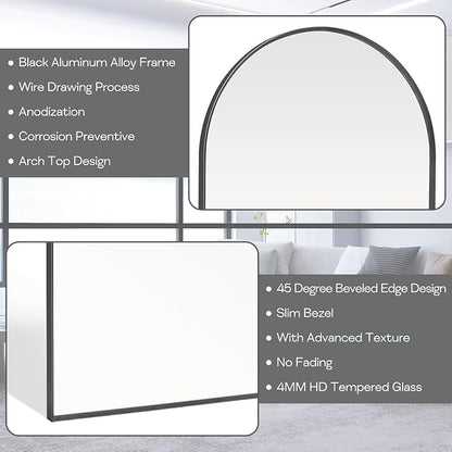 24" x 32" Black Arched Mirror, Arch Wall Mirror, Metal Frame Black Bathroom Mirror, Arched Top Bathroom Vanity Mirror for Living Room, Bedroom, Entryway, Tempered Glass, Shatter Proof