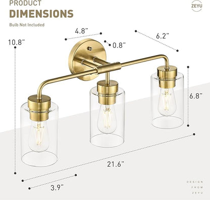 zeyu 3-Light Vanity Lighting Fixtures, Modern Vanity Lighting Fixtures Over Mirror with Cylinder Clear Glass Shade, Brushed Gold Finish, ZS62B-3W BG