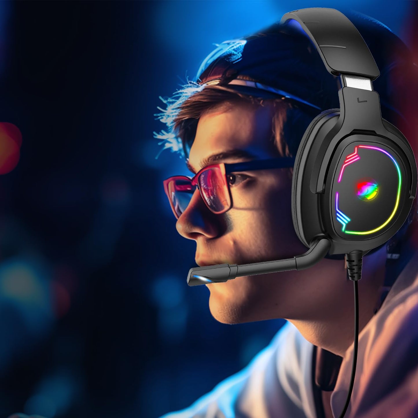 Jimonyer Gaming Headset for PC/PS4/PS5/Xbox One/Switch, Stereo Surround Sound Gaming Headphones with Noise Canceling Flexible Mic, Computer Headset with 3.5mm Jack & RGB Light(Blue)
