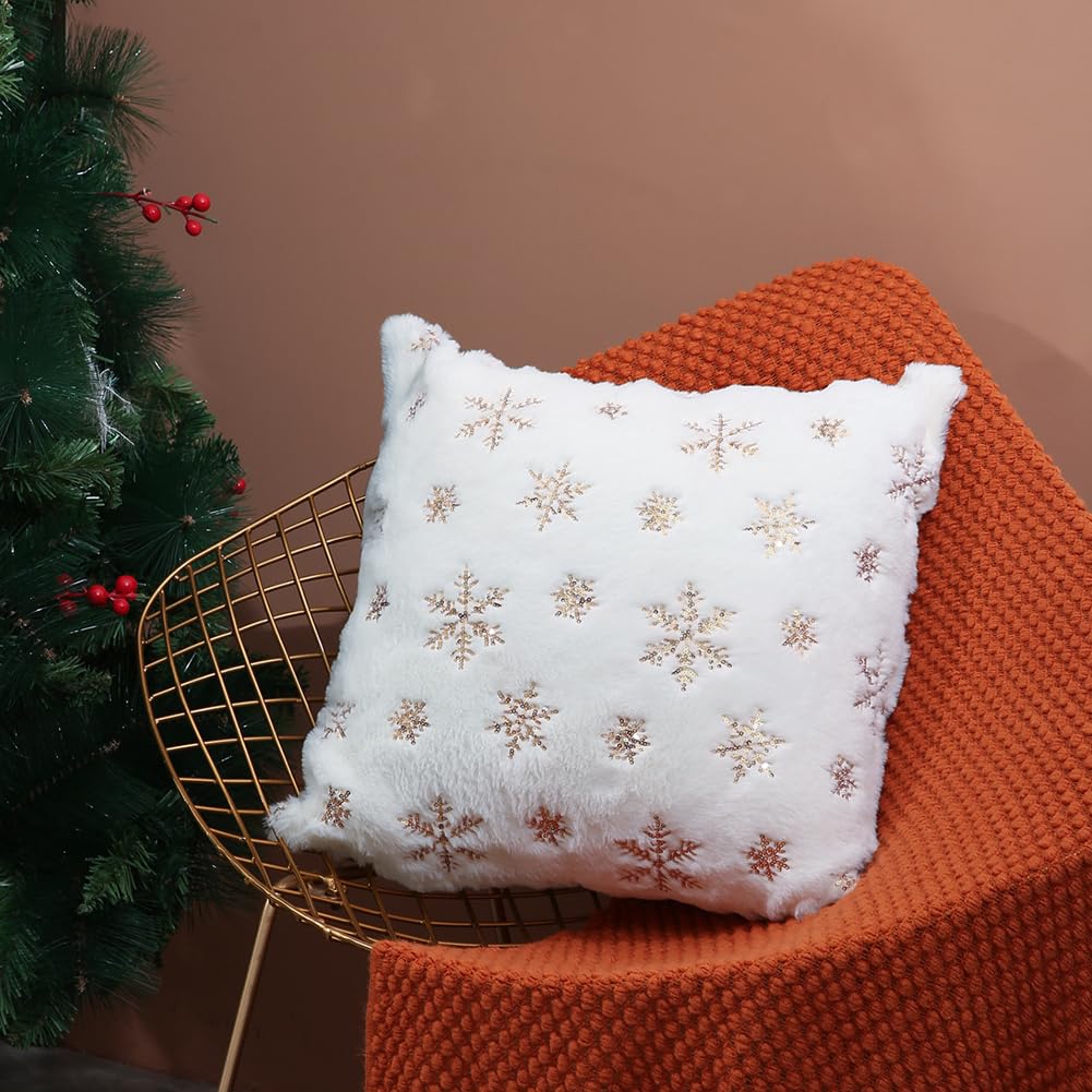 Homithley Christmas Pillow Covers Set of 2 Winter Snowflakes Decorative Throw Pillowcases Christmas Gold Sequin Plush Pillow Covers for Sofa Cushion Bedroom Party Décor (Gold, 18”×18”)