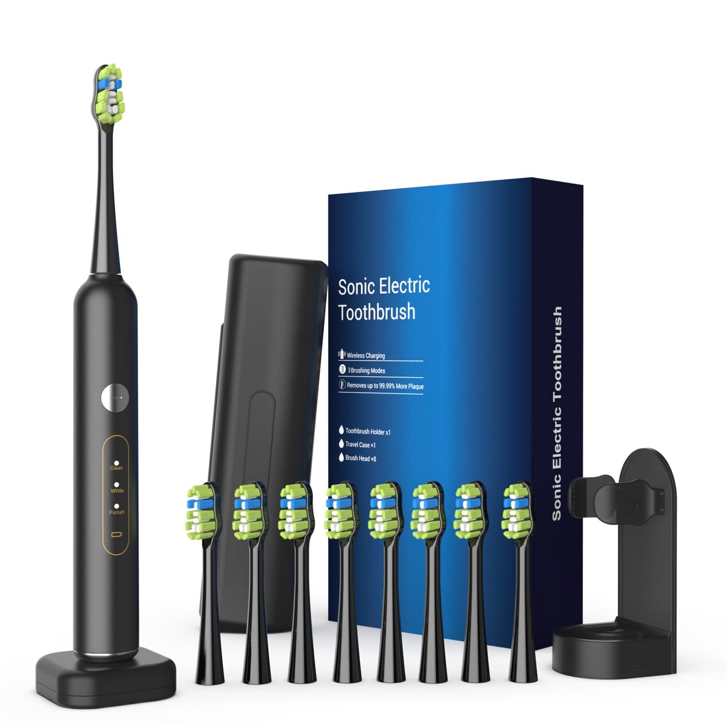 Electric Toothbrush for Adults, Rechargeable Sonic Toothbrush, IPX7 Waterproof Travel Toothbrush Set with Case, 8 Brush Heads, Charger, 2-Min Smart Timer, One Charge Last 60 Days(Black)