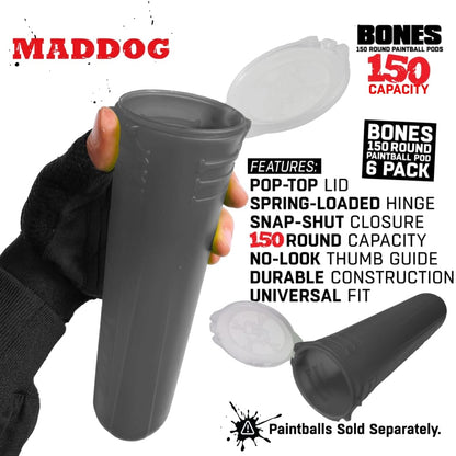 Maddog 150 Round Bones Paintball Pods | Durable Quick Reload Tubes for Tournament and Recreational Speedball Woodsball | 6 Pack - Smoke