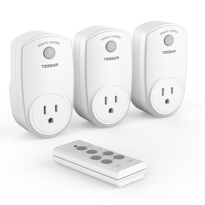 3 Pack Remote Control Outlet, TESSAN Wireless Electrical Plug Switch for Lights, Lamps, Fans, 100ft RF Range Indoor On/Off Switch, 1200W (1 Remote + 3 Outlet)