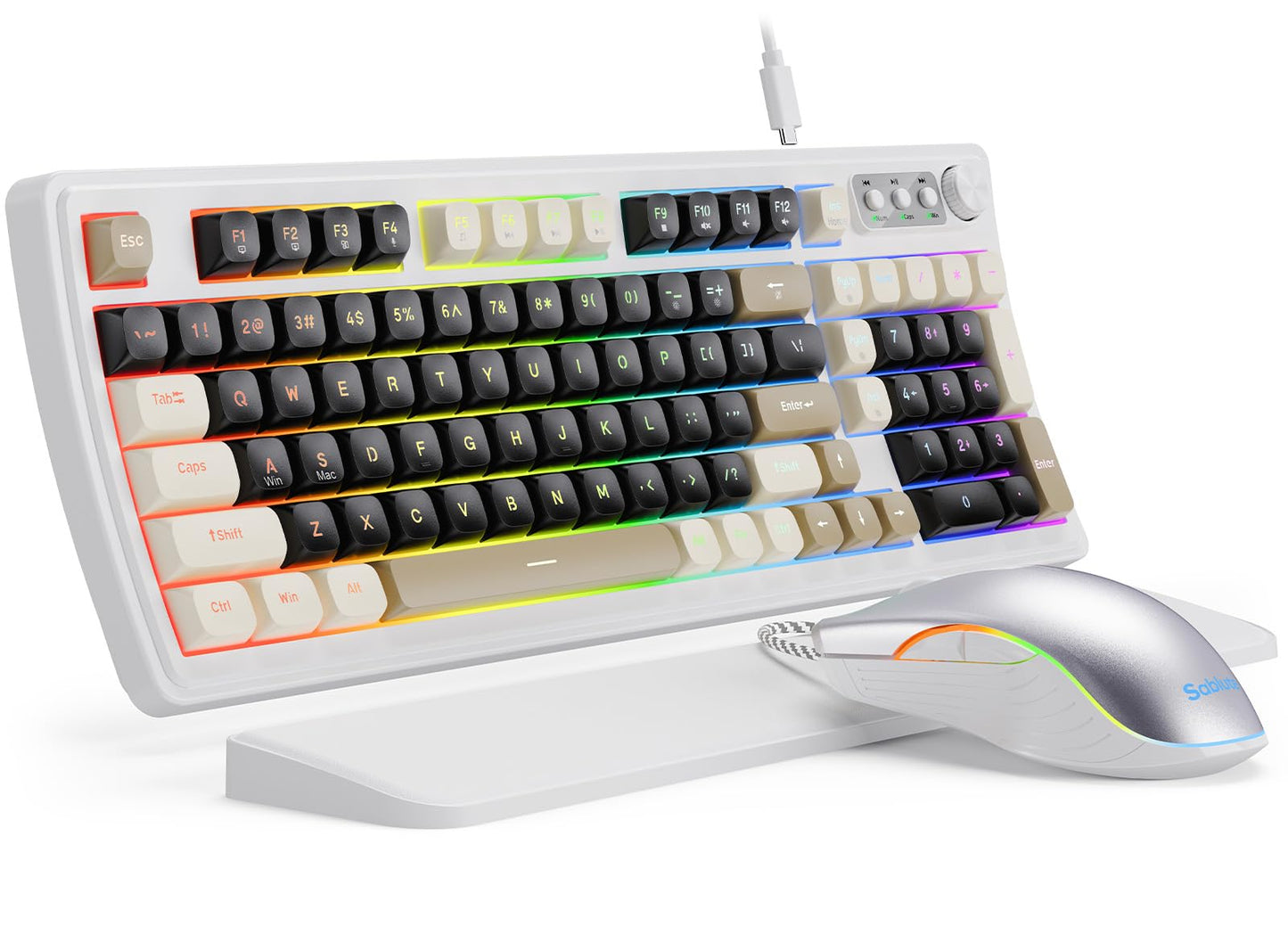 SABLUTE Wired Gaming Keyboard and Mouse, RGB Backlit Mechanical Feel PC Gaming Keyboard with Multimedia Knob & Anti-Ghosting Ergonomic Premium Leather Wrist Rest for Game (White)