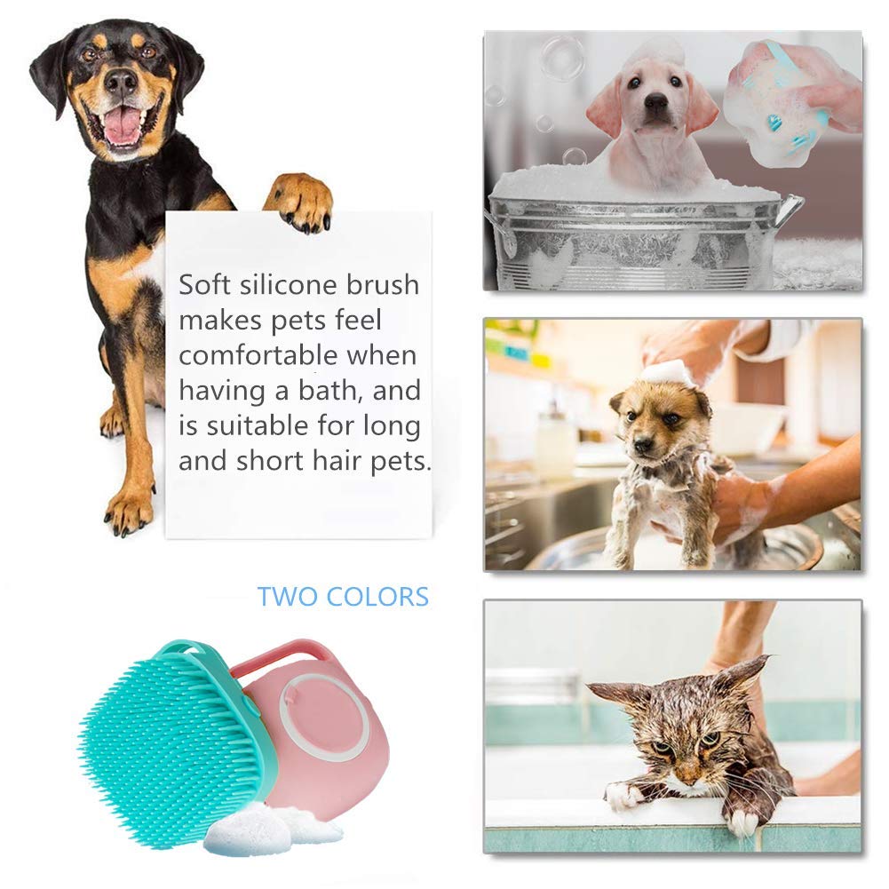 Misthis Portable Dog Bath Brush - Pet Massage Brush Shampoo Dispenser Soft Silicone Brush Rubber Bristle for Dogs and Cats Shower Grooming (Blue)