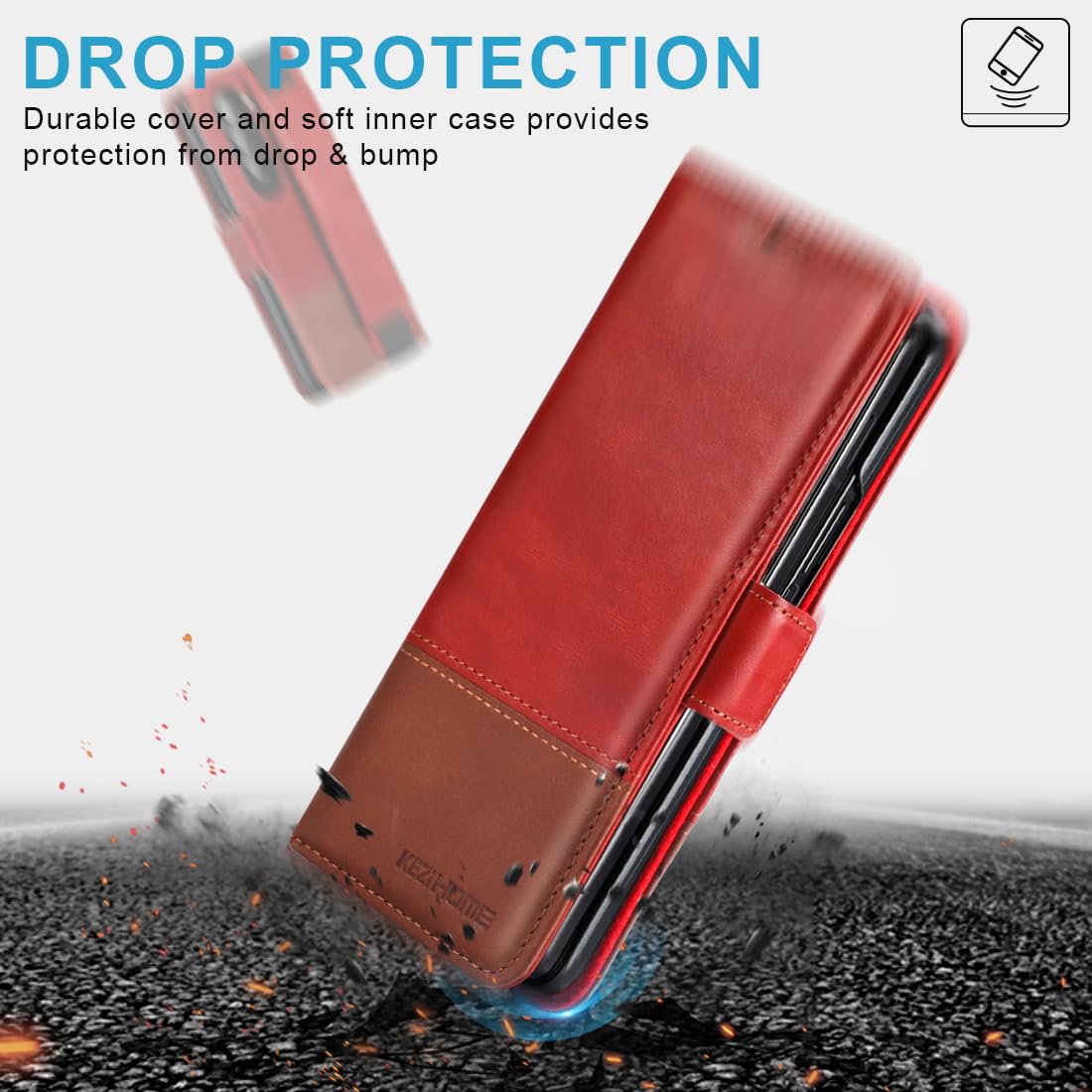 KEZiHOME Case for Samsung Galaxy Z Fold 5, Genuine Leather Wallet Case [RFID Blocking] with Card Holder Stand Shockproof Protective Phone Flip Cover Compatible with Galaxy Z Fold 5(Red/Brown)