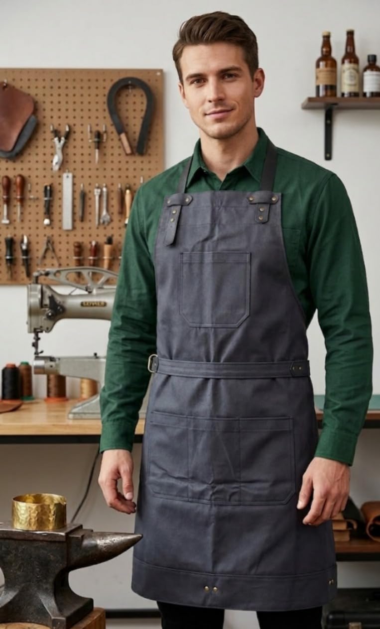 HEAVEN HUSH Genuine Leather Apron for Men & Women, Adjustable Straps & Tool Pockets Premium BBQ Cooking Blacksmith Shop Welding Woodworking Bartender Work Aprons (Black,4 Pocket)