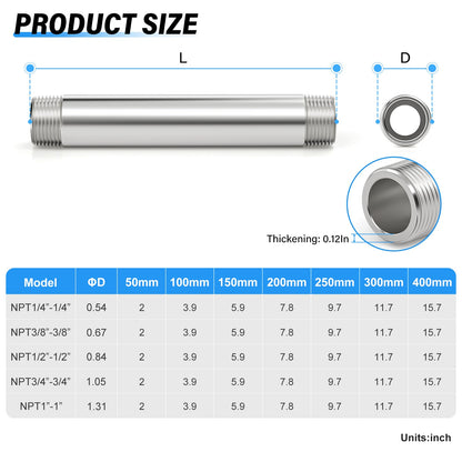TAILONZ PNEUMATIC 1/2" NPT Male x 1/2" NPT Male 304 Stainless Steel Pipe Nipple, 12" Length Thickened Cast Pipe Fitting, Threaded Connector（Pack of 3）