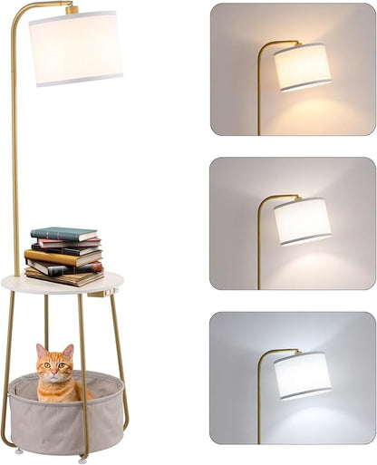 Floor Lamp with Cat Bed and Charging Station, Adjustable Lampshade, 3 Color Temperatures, Remote & Foot Switch Control, Standing Lamp with USB & AC Outlets for Living Room Bedroom, Gold