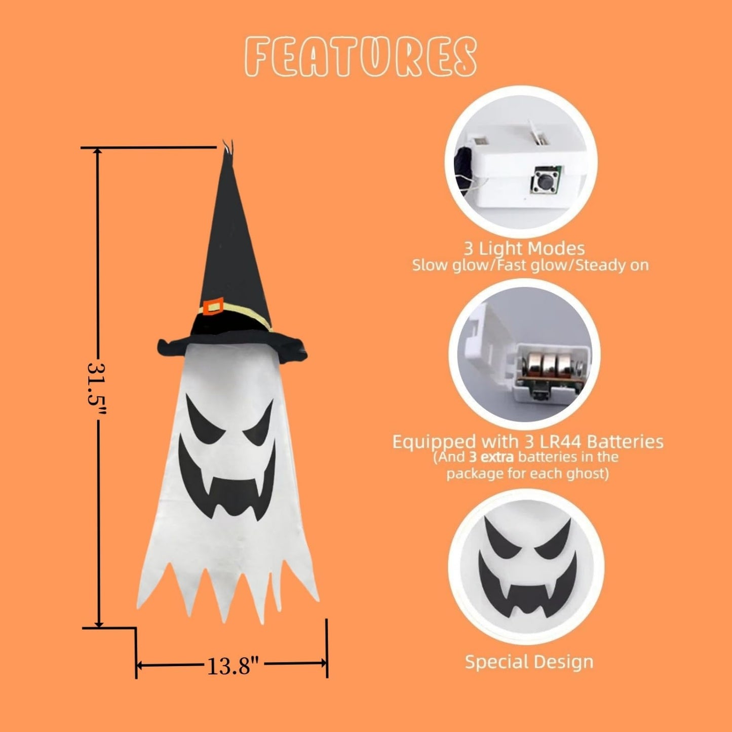 31.5" (3Pcs) Halloween Decorations Outdoor Indoor Hanging Ghosts Witch Hat, Glowing Witch Hat Halloween Ghost Decor for Room,Yard,Garden,Tree,Eaves,Party