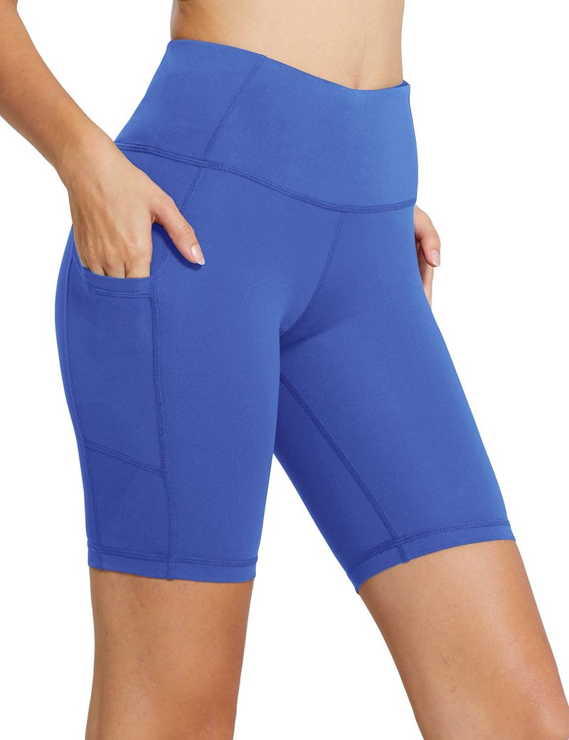 baleaf Biker Shorts Women Yoga Gym Workout Spandex Running Volleyball Tummy Control Compression with Pockets 8" Earth Blue XXL