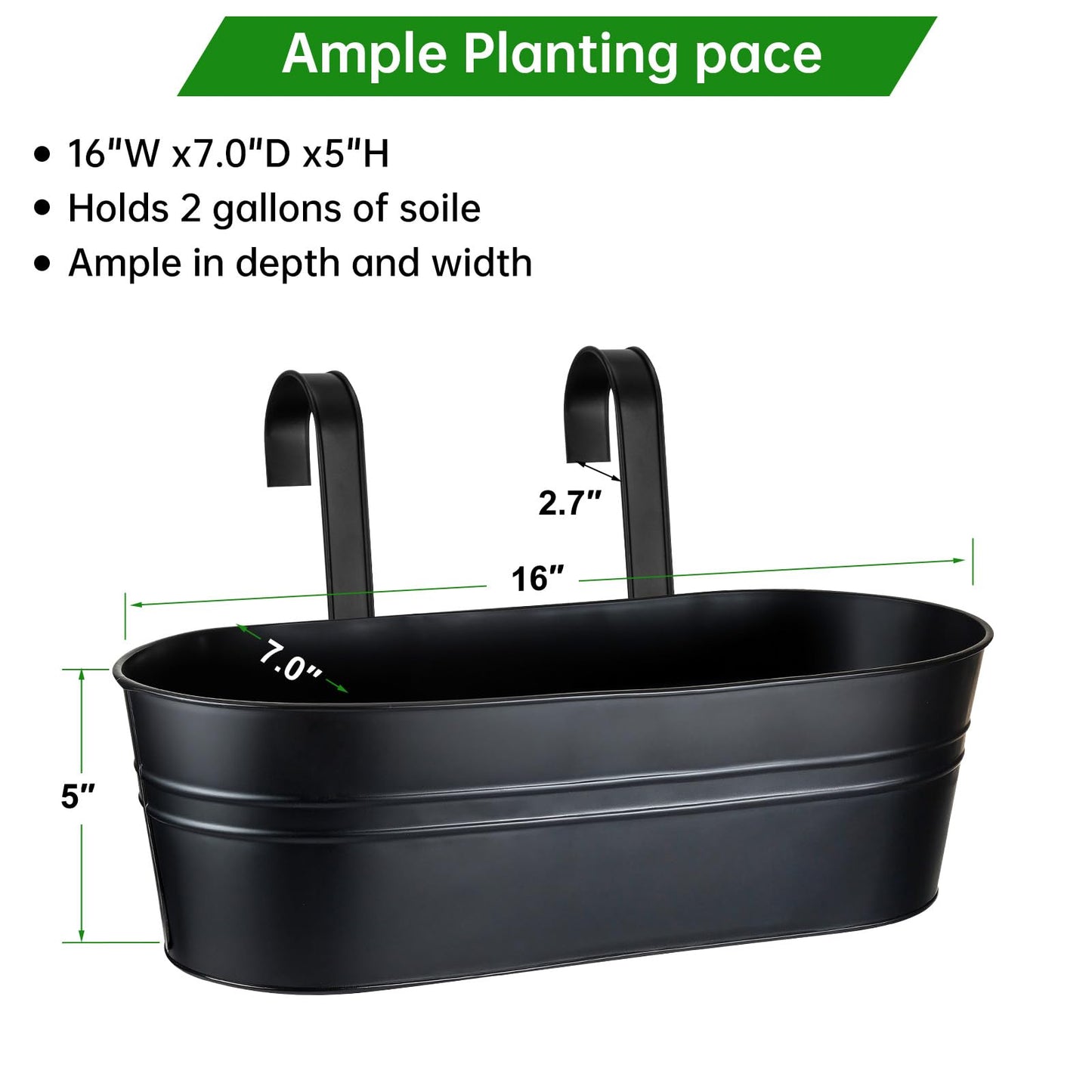 OGIMA Railing Planter Box, 3 Pack 16" Large Hanging Planters for Outdoor Plants with Adjustable Wide Hooks for 2.7'' Railings, Balcony Planters Railing Hanging for Deck, Fence & Patio Decor
