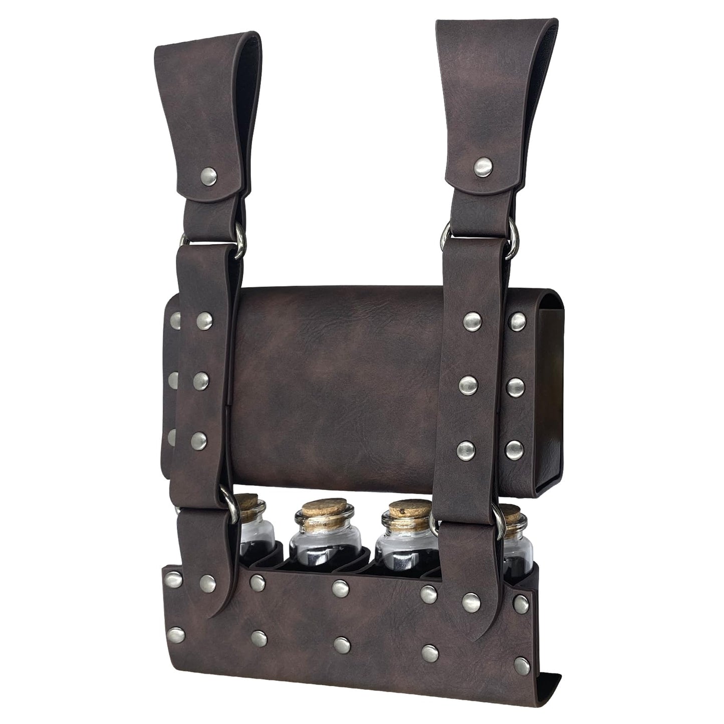 HiiFeuer Medieval Alchemy Faux Leather Belt Bag with 4 Cork Potion Vials, Fantasy Wizard Waist Pouch Side Pack for Ren Faire (Brown A)
