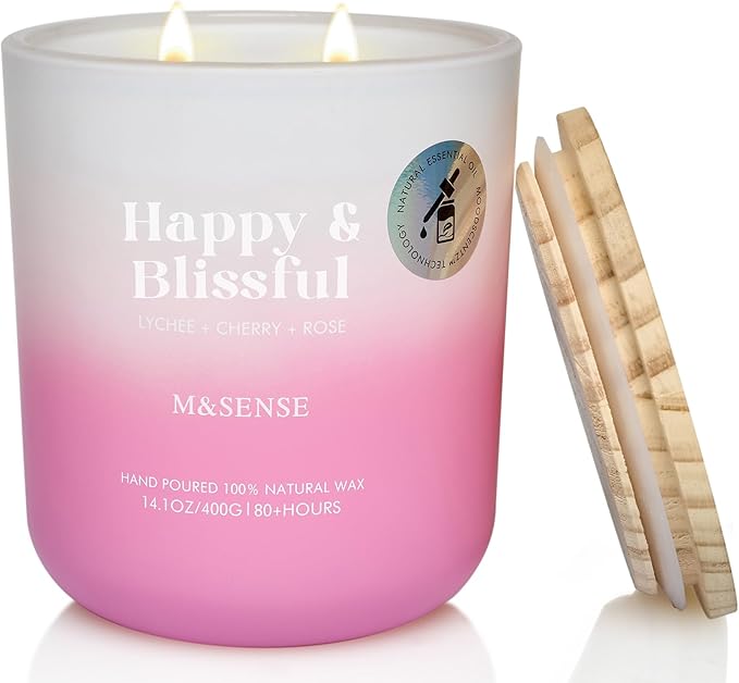 M&SENSE Lychee Cherry Rose Scented Candle for Home, 14.1oz 80-Hour Long-Lasting Non Toxic All Natural Soy Wax Flower Scent Aromatherapy Candle for Family & Housewarming Gifts