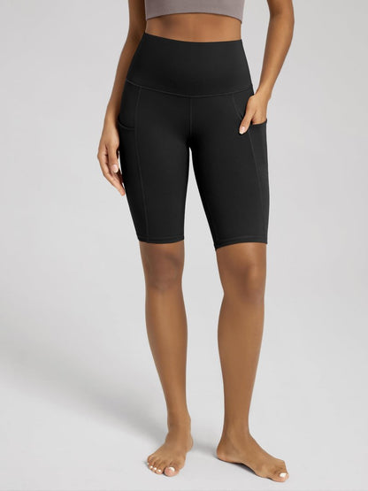 ODODOS 10" Tummy Control Biker Shorts for Women with Pockets High Waist Athletic Workout Yoga Shorts, Black, Large