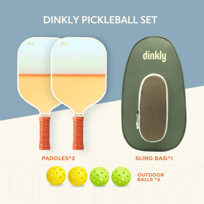Dinkly Pickleball Paddles Set of 2 - USAPA Approved Graphite/Fiberglass Pickleball Racket, 2 Pickleball Rackets, 4 Balls and 1 Portable Carry Bag, Pickle Ball Set for Men Women, Yellow Sunset