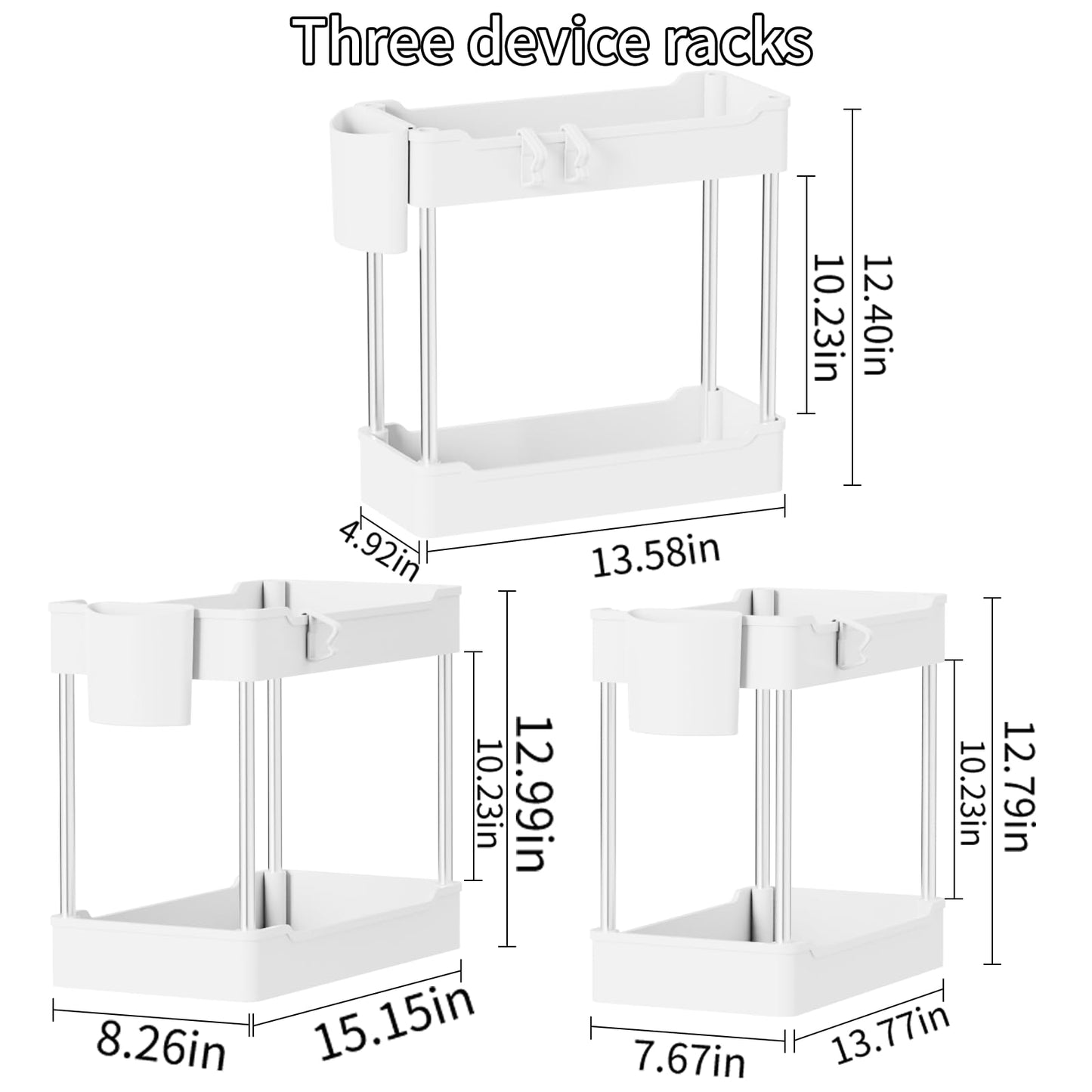 3 Pack Under Sink Organizers and Storage, 2 Tier Bathroom Cabinet Organizer Shelf with Hanging Cups for Kitchen & Bathroom (White)