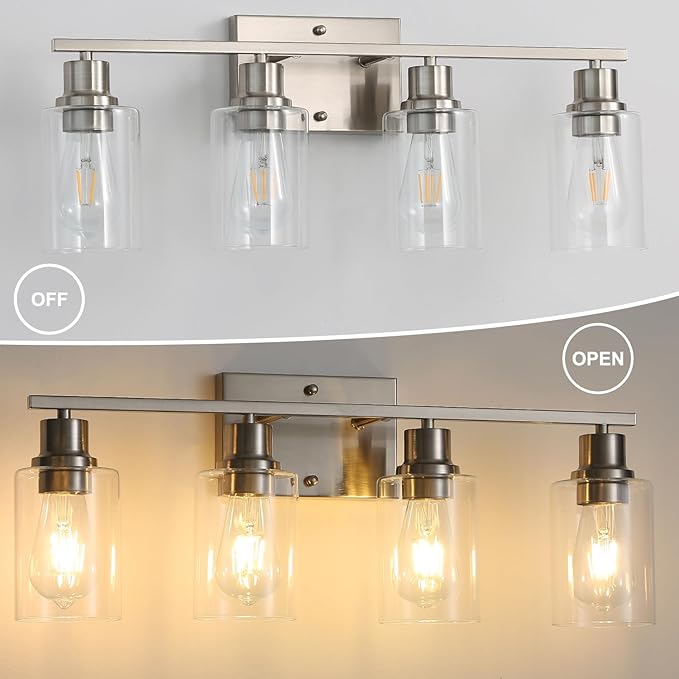 Modern Wall Lighting 4-Lights Brushed Nickel Wall Lamp Fixtures,24" Vintage Wall Sconces with Clear Glass Shades, Farmhouse Bathroom Vanity Light for Mirror,Bedroom,Living Room
