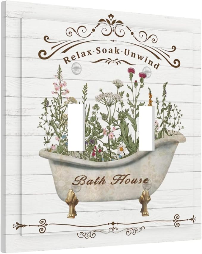 Rustic Farmhouse Wooden Board Botanical Flower Double Toggle Light Switch Cover Decorative 2 Gang Wall Plate Electrical Switchplate Faceplate for Bathroom Kitchen Decorate Accessories