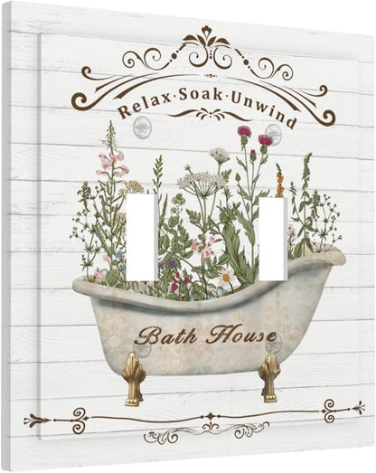 Rustic Farmhouse Wooden Board Botanical Flower Double Toggle Light Switch Cover Decorative 2 Gang Wall Plate Electrical Switchplate Faceplate for Bathroom Kitchen Decorate Accessories