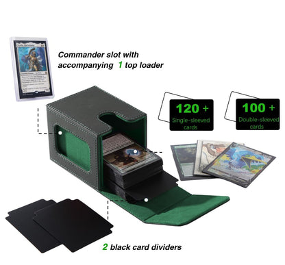 Venssu MTG Deck Box for Commander Display,Card Deck Box Fits 100 Double Sleeved Cards,TCG with 2 Dividers and 1 Toploader (Black＆Green)