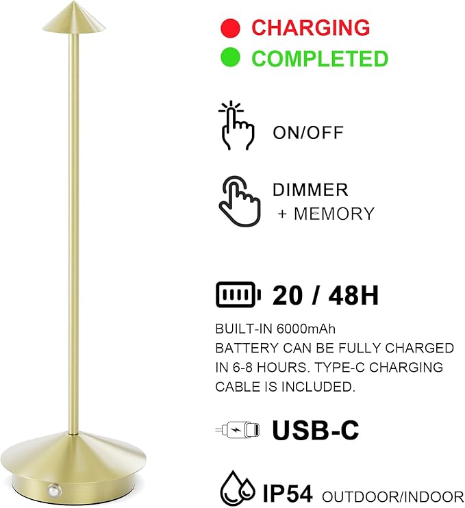 2-Pack 6000mAh Rechargeable Led Table Lamp Cordless,3000K-6000K Stepless Dimming Touch Lamps with Memory Function,IP54 Waterproof Aluminum Table Light for Outdoor/Bars/Restaurant/Patio(Bronze)