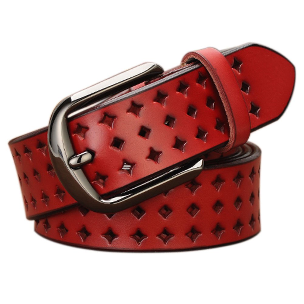 VONSELY Genuine Leather Belts for Women Hollow Out Design, Soft Leather Womens Belts with Pin Buckle, Red Leather Belt