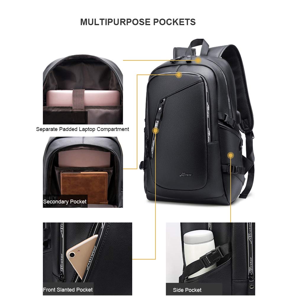DYJ Vegan Leather Laptop Backpack for Men, Faux Leather Vintage Weekend Travel Daypack with USB Charging Port Fit 17 Inch Laptops