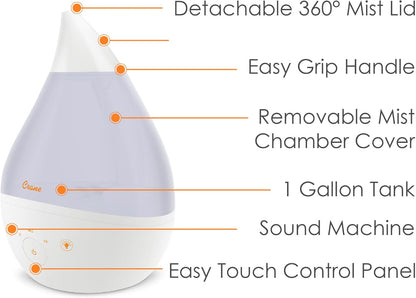 Crane 4-in-1 White Drop Ultrasonic Cool Mist Humidifier with Sound Machine, Night Light, Aroma Tray, 1 Gallon Top Fill White