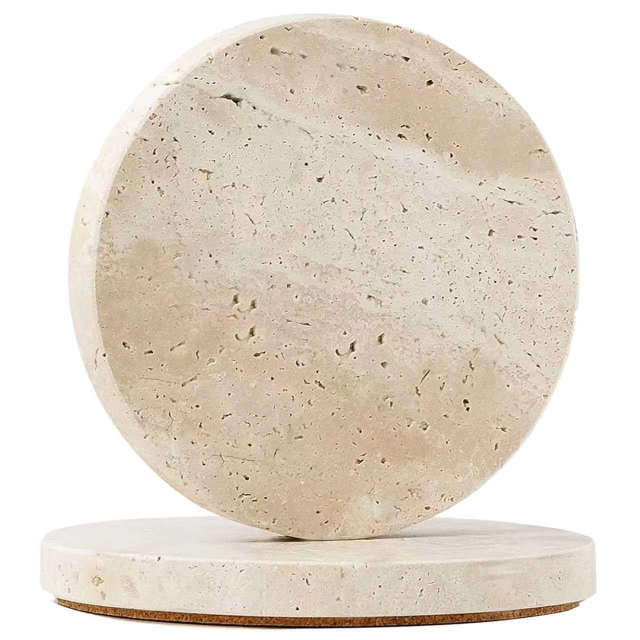 Travertine Stone Coasters Set of 2, 4" Natural Stone Desk Coasters for Drinks with 3mm Wooden Cork Backing, Durable Non-Slip Cup Mats, Table Protection for Coffee, Kitchen, Bar, Wedding