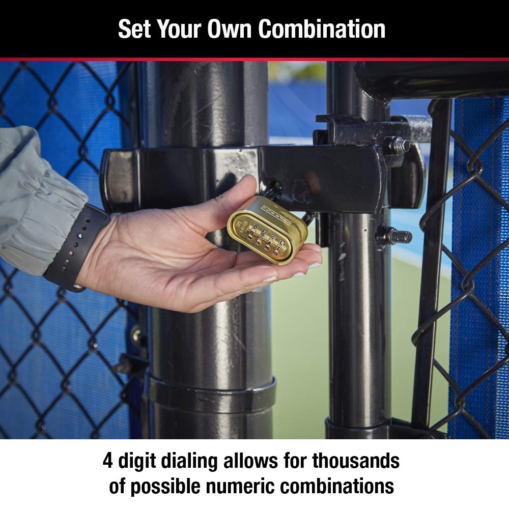 Master Lock Brass Combination Lock, Gate Lock for Outdoor Fence or Shed, Customizable Combination Padlock with Extended 2-1/4-Inch-Long Shackle, 2 Pack, 175LHEC2