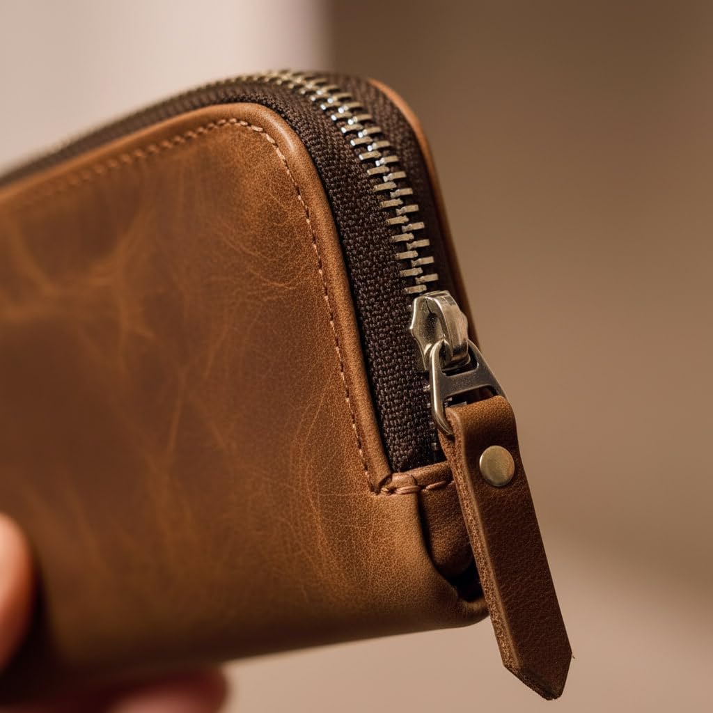 TORAKIP Small Leather Wallet with Zipper – Compact Genuine Leather Coin Pouch for Men & Women, Slim Minimalist Zip Wallet for Cash & Cards, Handmade Pocket Wallet, Warm Brown