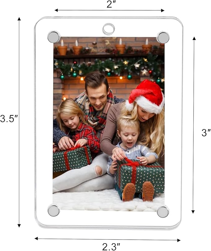 Christmas Photo Ornament Set of 4, 2x3'' Iridescent Acrylic Hanging Picture Frame for Family Photo, Christmas Tree, Holiday Decoration, Multifunctional Magnetic Picture Frames for Car and Fridge Decor