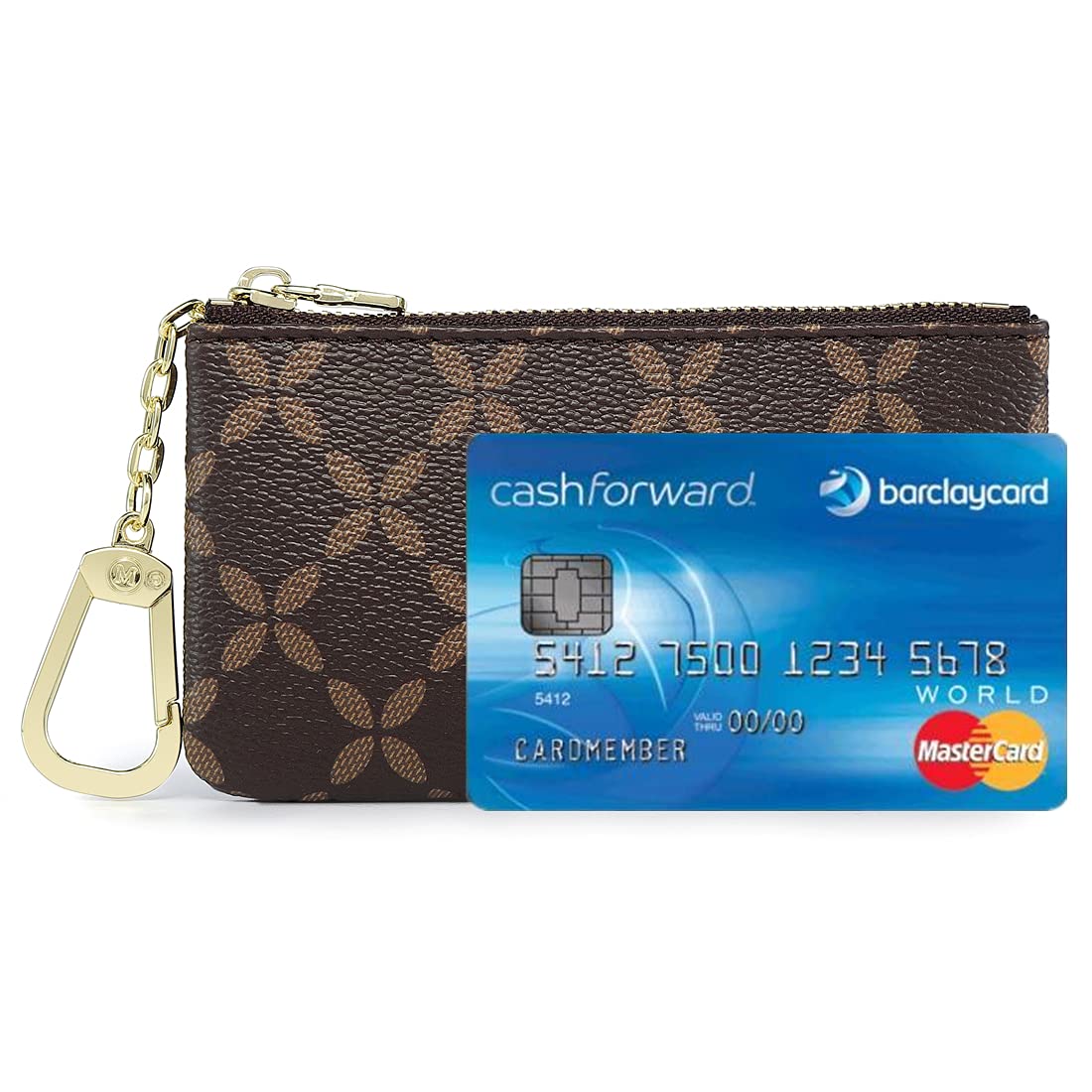 Rauder Luxury Zip Key Chain Pouch | Mini Coin Purse Wallet Card Holder with Clasp | for Men Women - Coated Canvas (Brown)