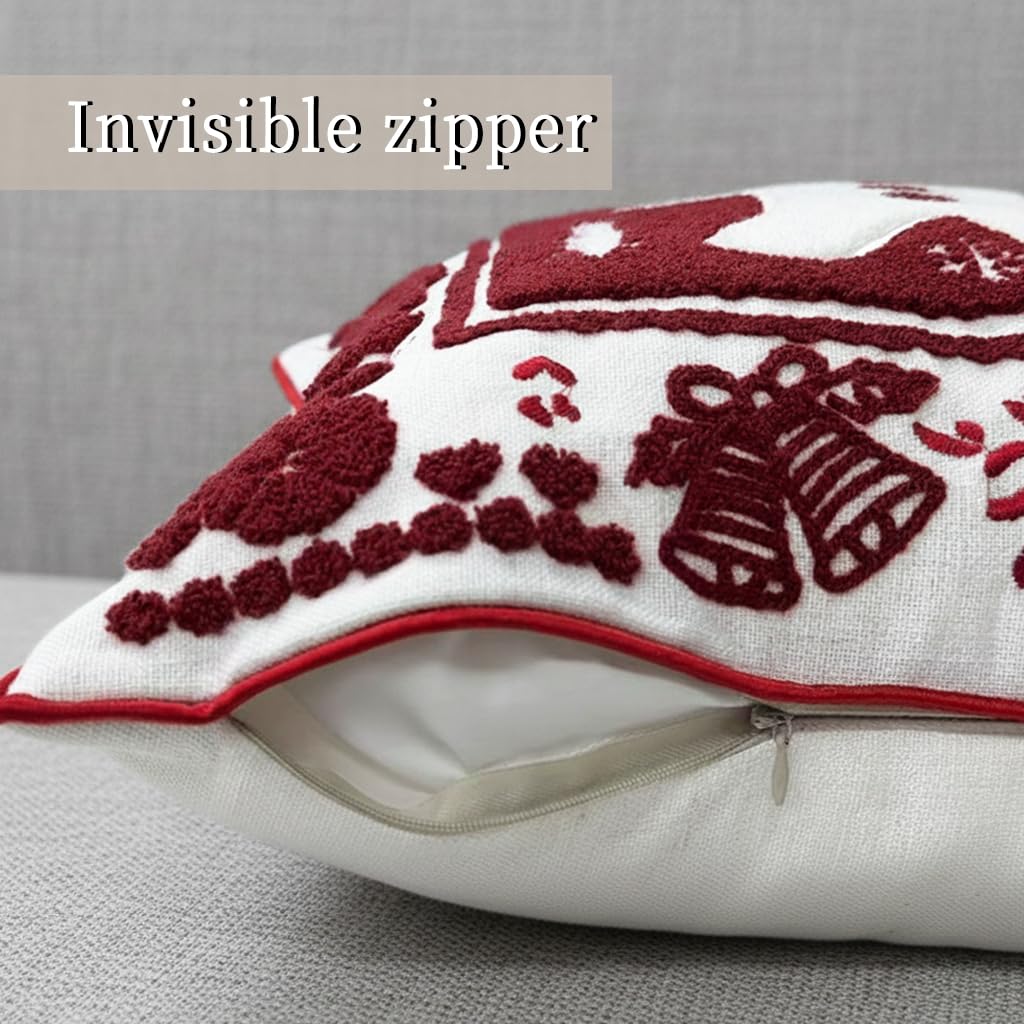 Christmas Throw Pillow Covers 18x18 Set of 2, Embroidered Gingerbread Man Cushion Covers with Snowflake Christmas Tree, Red White Holiday Decorative Pillow Cases for Sofa Couch Living Room Home Decor