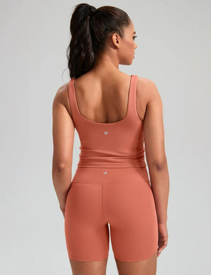 HeyNuts Zeal Bra Womens Scoop Neck Longline Sports Bras, U Back Medium Impact Wirefree Workout Athletic Running Basic Gym Yoga Crop Tank Tops Padded Camisole with Built in Bras Paprika S