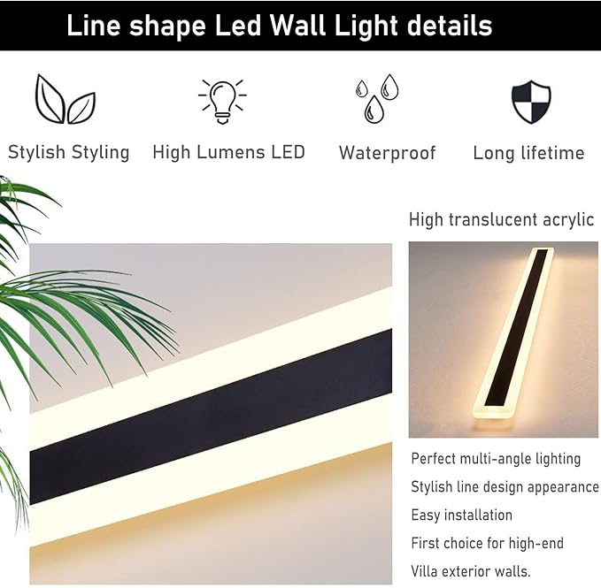 2Pack-79inch Long Outdoor Modern LED Wall Light,65W Waterproof IP65 Warm White 110V led Wall Mount Lighting Fixture Rectangular Black Wall Lights Elegant Frosted White Acrylic Anti Rust.