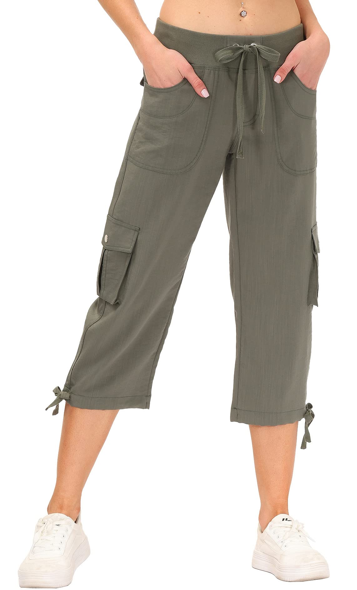 MoFiz Women's Cargo Capris Hiking Pants Lightweight Quick Dry Running Outdoor Casual Shorts Button Pockets UPF 50+ Army Green M