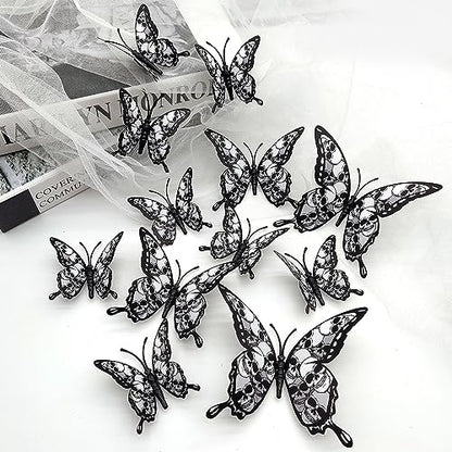 12PCS Butterfly Wall Stickers, 3D Double-Layer Skull Butterflies Wall Decals Halloween Wall Decor Gothic Black Butterfly Design Halloween Wall Stickers for Home Room Bedroom Festival Party Decoration
