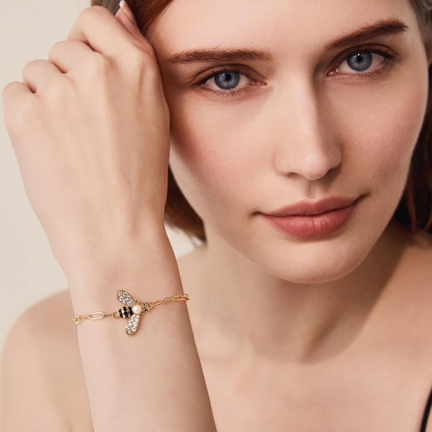 Cicy Bell Bracelets for Women Bumble Bee 18K Gold Plated Bracelets Oval Pearl Cubic Zirconia Figaro Chain Trendy Cute Animal Jewelry Gift