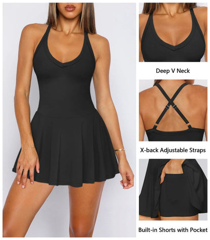 Hragc Women's Sexy V Neck Pleated Flowy Tennis Black Dress for Women Medium Athletic Golf Workou Active Summer Sleeveless Tank Mini Dresses with Shorts Pockets
